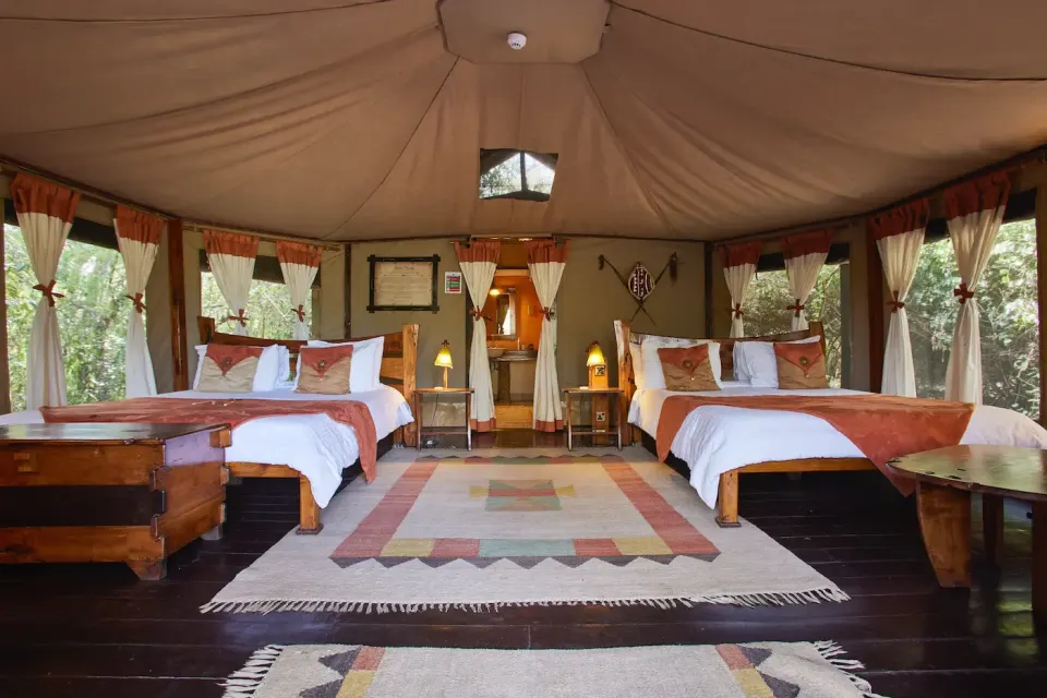 Riverfront tent with twin beds