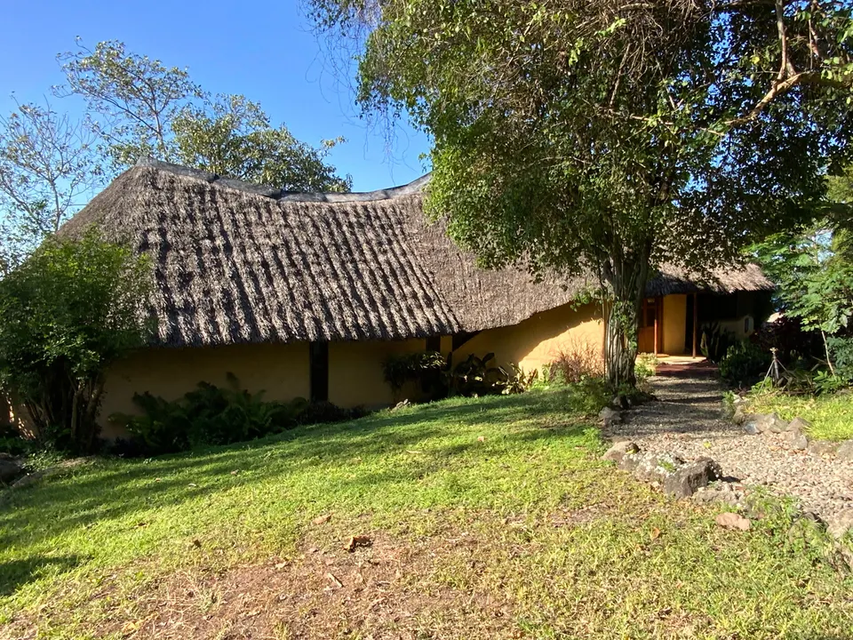 Mfangano Island Lodge thatched guest building and garden
