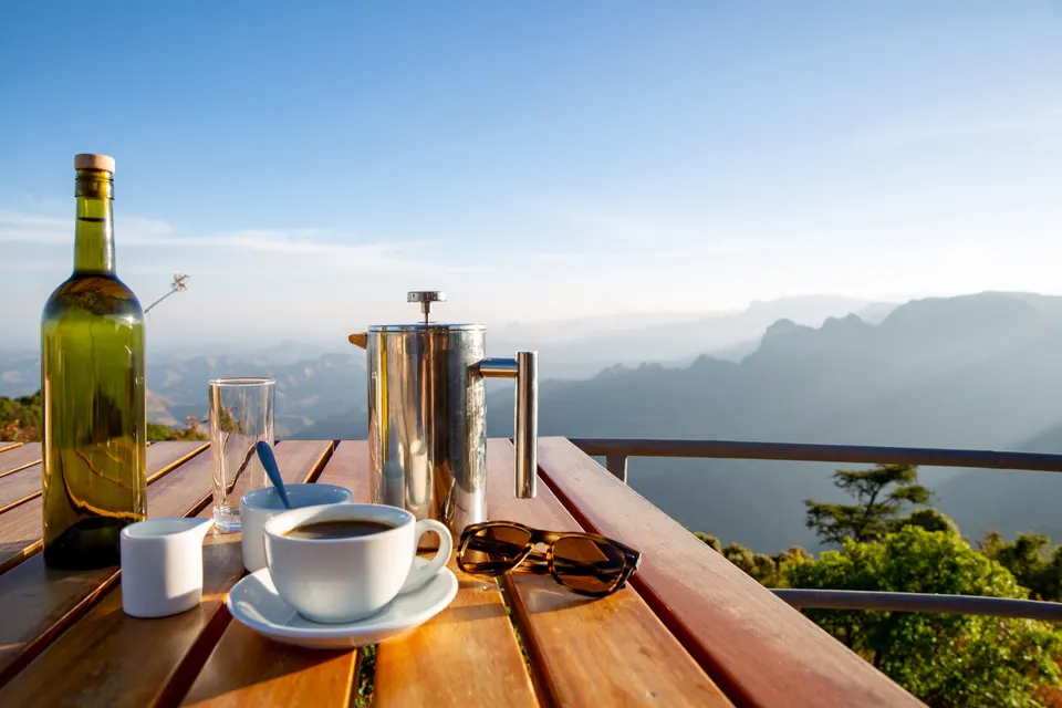 Breakfast table on the lodge terrace overlooking the Simien escarpment