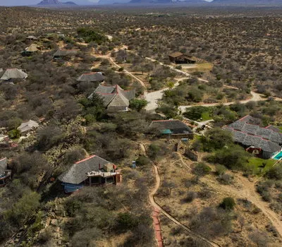 Sasaab aerial view of the lodge and Ewaso Nyiro River