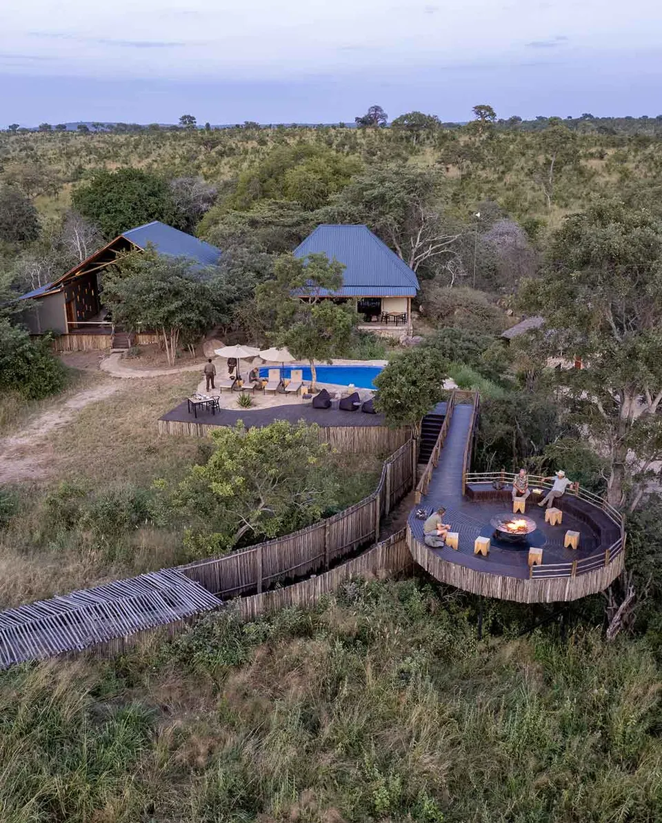 Aerial view of lodge and pool