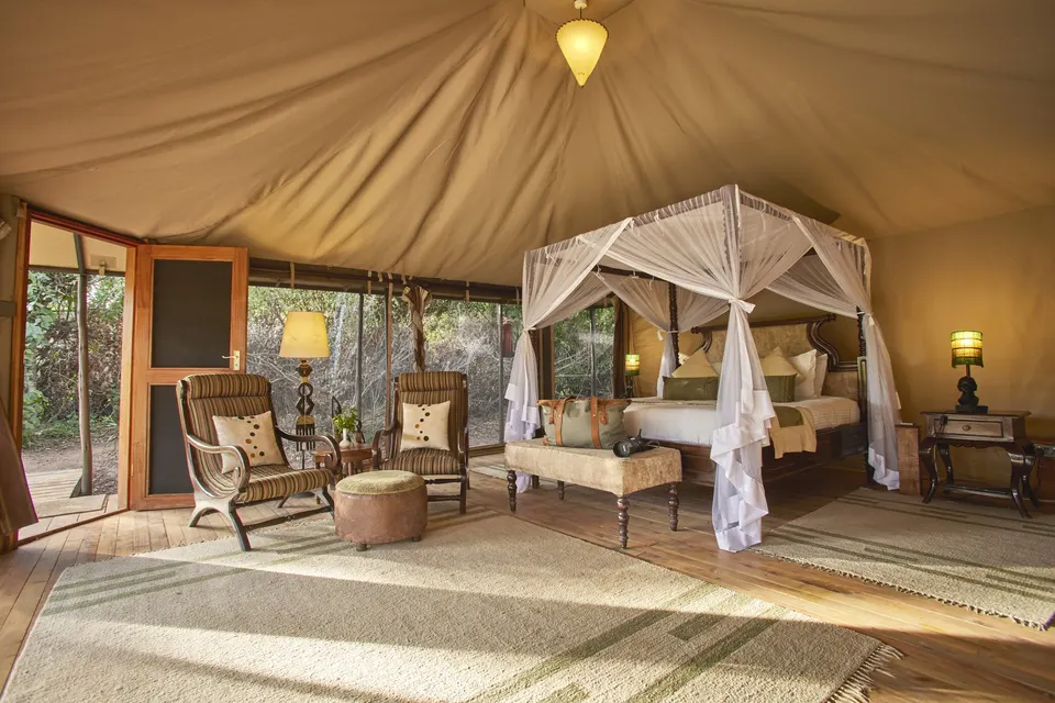 Mara Ngenche tent bedroom and lounge arrangement