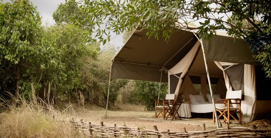 Nkorombo tent exterior with canvas awning