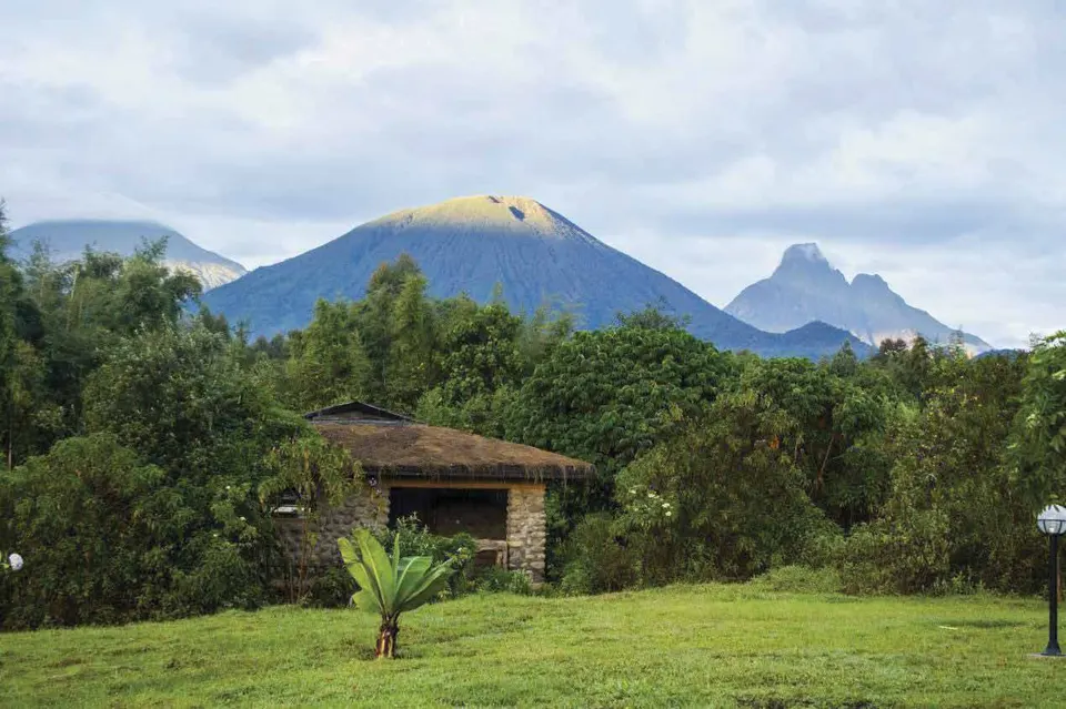 Lodge exterior and volcano backdrop
