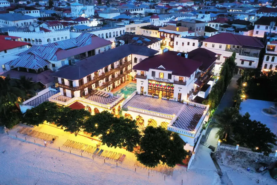Tembo House seafront buildings and pool seen from above