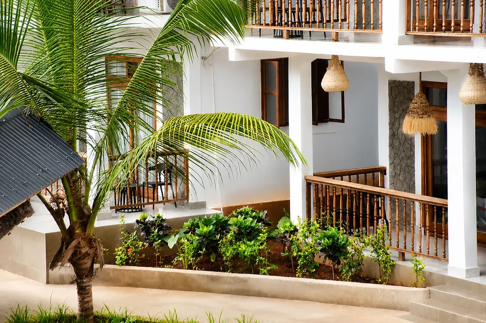 Accommodation exterior and timber balconies