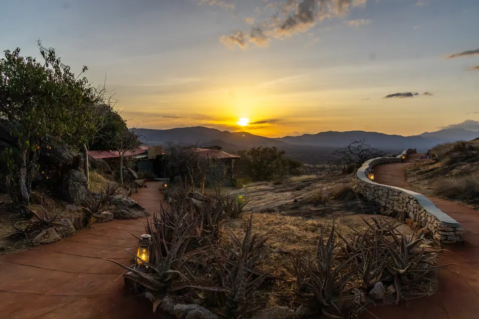 View from villa terrace at sunset