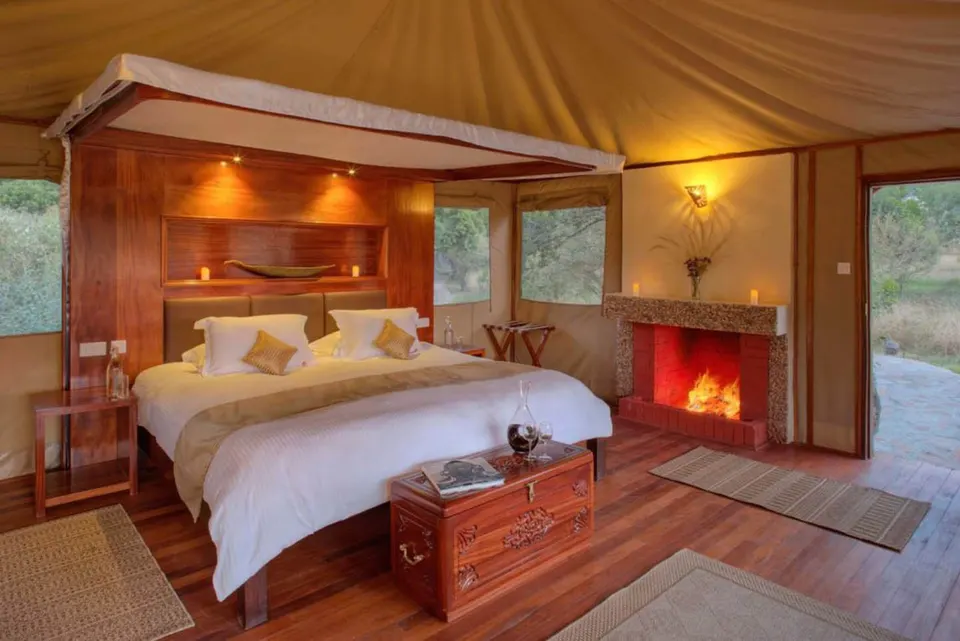 Standard tent bedroom and fireplace