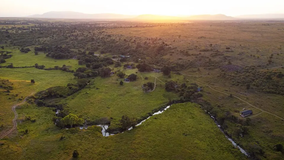 Aerial outlook over Kicheche Mara North camp setting