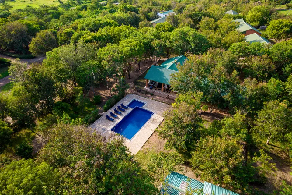 Aerial view of shared pool and lodge grounds