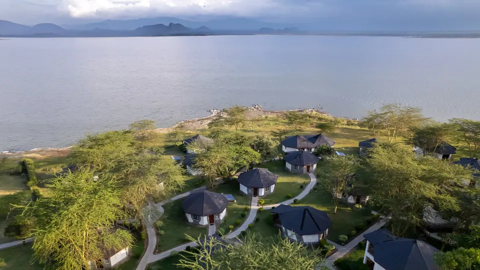 Aerial resort and lakeshore overview