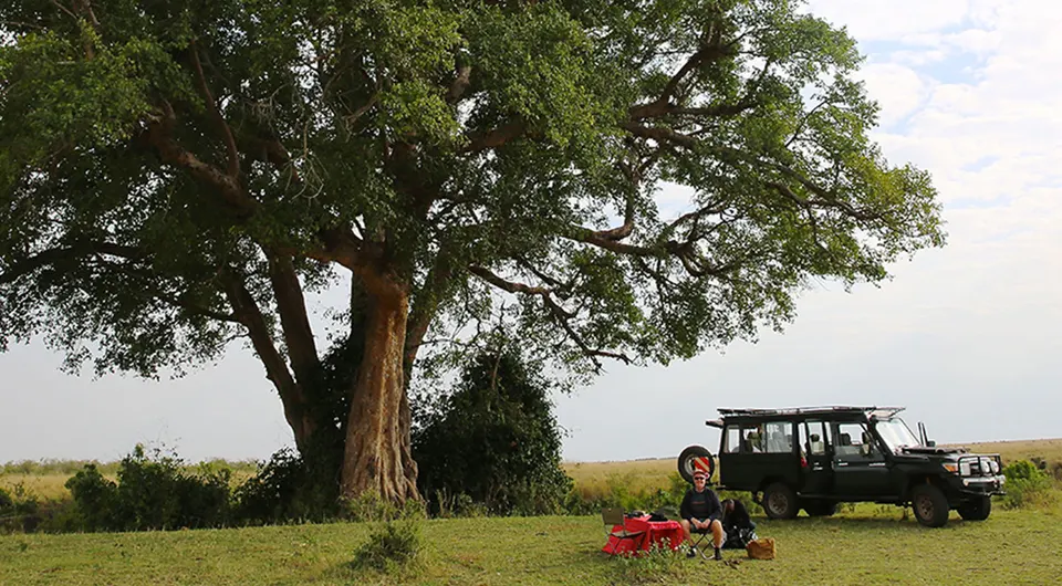 Sekenani Camp picnic setup beside a safari vehicle