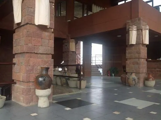 Mountain View Hotel Lalibela lobby with stone columns and stair opening